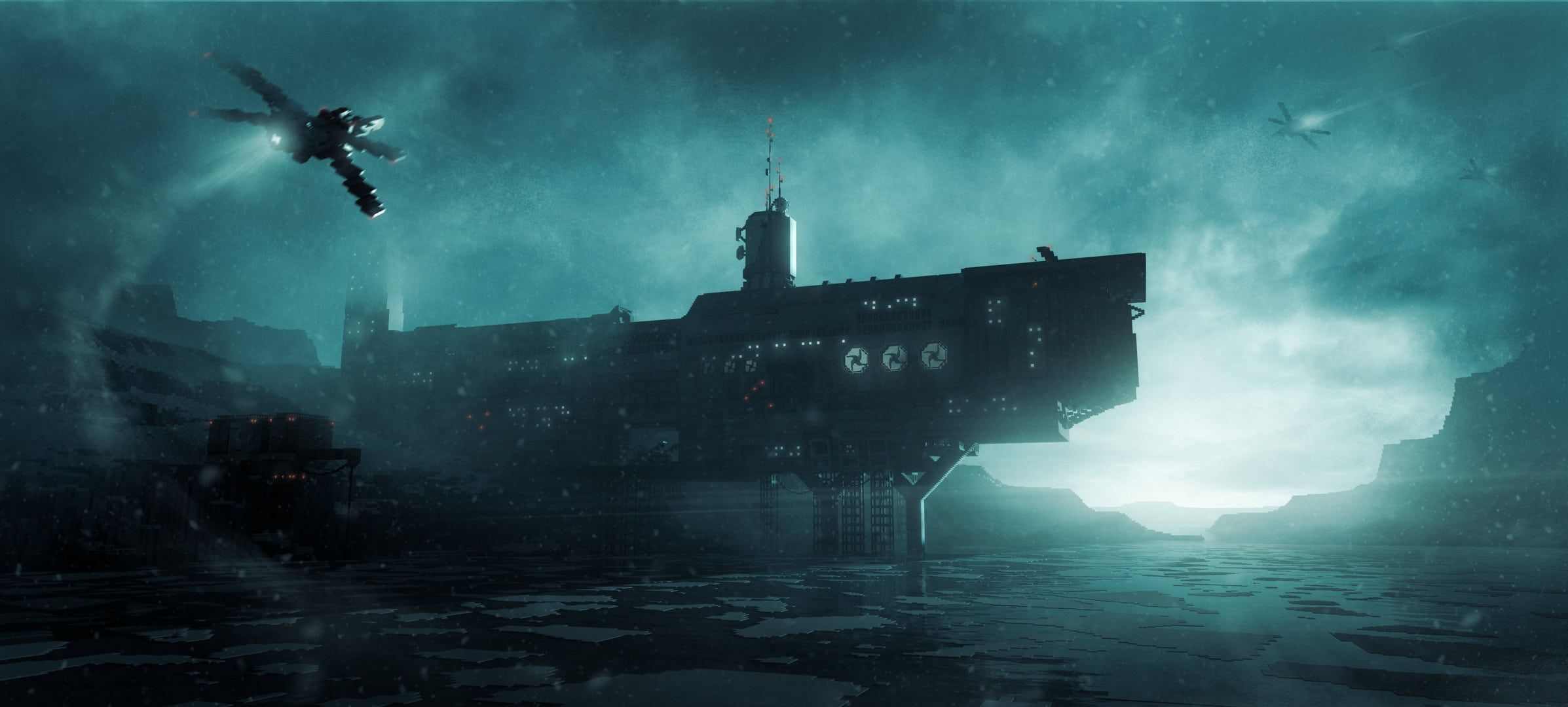A large ship at night with a smaller jet circling it showing a jet trail. there's decorative floating blocks on the side.