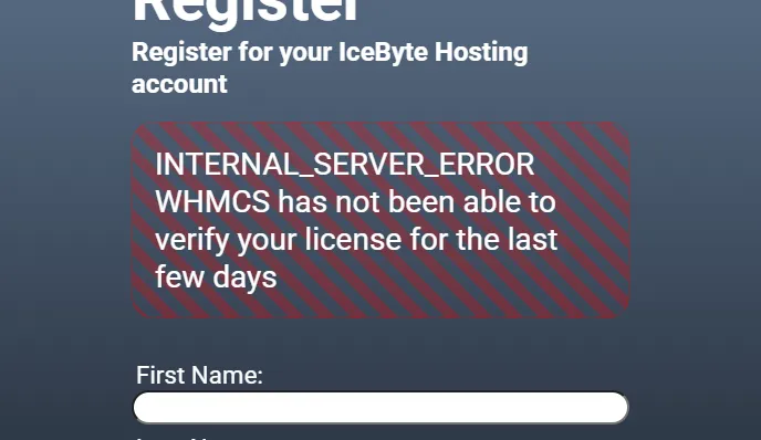Old website showing an internal server error, about WHMCS being unable to verify our license for the last few days